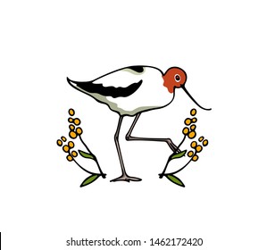Vector illustration of hand drawn cute Red-necked Avocet in vintage floral laurel. Beautiful animal design elements, ink drawing, logo template