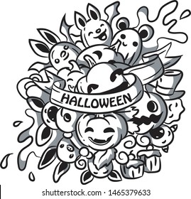 Vector illustration hand drawn of cute doodle halloween pumpkin party with bat.
