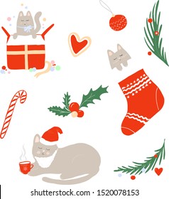 Imagen vectorial de adorables y graciosos gatos navideños dibujados a mano en el sombrero, en caja de regalo, en medias y elementos navideños. Objetos planos aislados. Concepto de diseño para invierno, vacaciones, Año Nuevo.