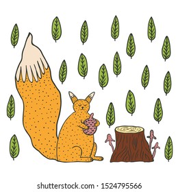 Vector illustration with a hand drawn cute squirrel, a stump and leaves.