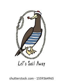 Vector illustration of hand drawn cute Brown Booby in sailor outfit in nautical rope frame. Ink drawing, beautiful animal and nautical design elements.