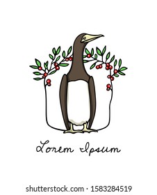 Vector illustration of hand drawn cute Brown Booby in floral frame. Ink drawing, beautiful animal and nautical design elements.