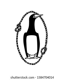 Vector illustration of hand drawn cute Brown Booby in nautical rope frame. Ink drawing, beautiful animal and nautical design elements.
