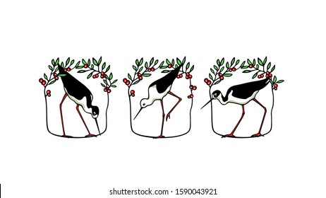 Vector illustration of hand drawn cute Stilts in floral vintage frames. Beautiful animal design elements, ink drawing, logo template
