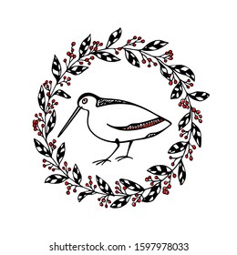 Vector illustration of hand drawn cute shorebird in floral berry wreath. Beautiful animal design elements, ink drawing, logo template