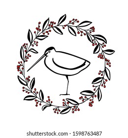 Vector illustration of hand drawn cute shorebird in floral berry wreath. Beautiful animal design elements, ink drawing, logo template