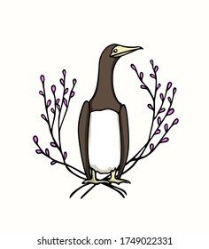 Vector illustration of hand drawn cute Brown Booby in floral wreath. Ink drawing, beautiful animal and nautical design elements.