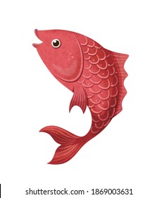 Vector illustration of hand drawn cute red fish. 