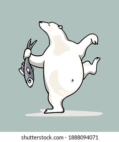 Vector illustration of hand drawn cute polar bear dancing with freshly caught fish. Beautiful ink drawing, animal design elements. 