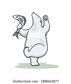 Vector illustration of hand drawn cute polar bear dancing with freshly caught fish. Beautiful ink drawing, animal design elements. 