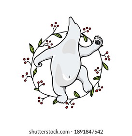 Vector illustration of hand drawn cute polar bear dancing in floral red berries wreath. Beautiful ink drawing, animal design elements. 