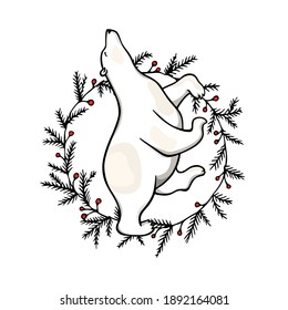Vector illustration of hand drawn cute polar bear dancing in conifer wreath with barberry. Beautiful ink drawing, animal design elements. 