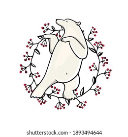Ilustración vectorial del lindo oso polar dibujado a mano bailando con bayas rojas florales. Bonito dibujo de tinta, elementos de diseño animal. 