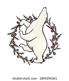 Vector illustration of hand drawn cute polar bear dancing in floral yew berries wreath. Beautiful ink drawing, animal design elements. 