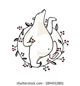 Vector illustration of hand drawn cute polar bear dancing in floral red berries wreath. Beautiful ink drawing, animal design elements. 