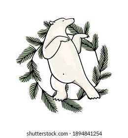 Vektorgrafik des handgezeichneten süßen Eisbären, der in Kiefernkranz tanzt. Schöne Farbzeichnung, Elemente der Tiergestaltung.