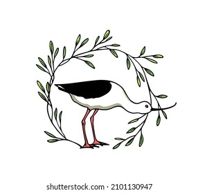 Vector illustration of hand drawn cute Andean Avocet in vintage floral frame. Beautiful animal design elements, ink drawing, logo template