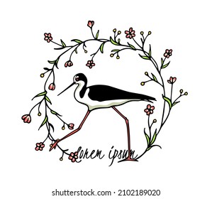 Vector illustration of hand drawn cute Black-necked Stilt in blooming floral wreath. Beautiful animal design elements, ink drawing, logo template