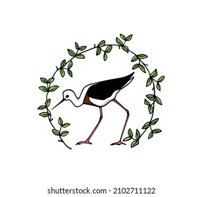 Vector illustration of hand drawn cute Banded Stilt in leafy floral wreath. Beautiful animal design elements, ink drawing, logo template