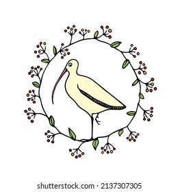Vector illustration of hand drawn cute shorebird in floral wreath with berries. Beautiful animal design elements, ink drawing, logo template