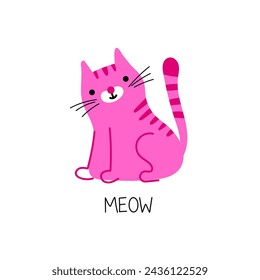 Vector illustration with hand drawn cute pink cat with text - neow. Isolated illustration for kids card, poster or other prints.