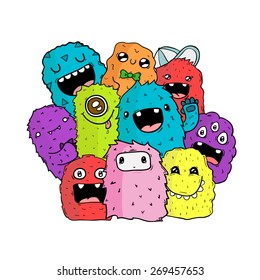 Vector illustration of hand drawn cute monsters. Colorful doodle characters card. 