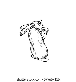Vector illustration of hand drawn cute hare wearing glasses and holding a book. Beautiful ink drawing made in retro style. Perfect design elements for Easter celebration.