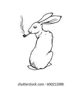 Vector illustration of hand drawn cute hare smoking pipe. Beautiful ink drawing made in retro style. 