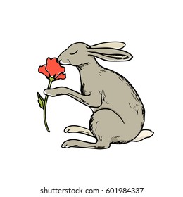 Vector illustration of hand drawn cute hare smelling a beautiful flower. Beautiful ink drawing made in retro style. Perfect design elements for Easter celebration.