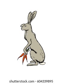 Vector illustration of hand drawn cute hare looking into the distance with bunch of carrots. Beautiful ink drawing made in retro style. Perfect design elements for Easter celebration.