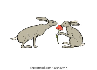 Vector illustration of hand drawn cute hares smelling a beautiful flower. Beautiful ink drawing made in retro style. Perfect design elements for Easter celebration.