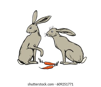 Vector illustration of hand drawn cute hares with carrots. Beautiful ink drawing made in retro style. Perfect design elements for Easter celebration.