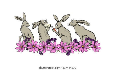 Vector illustration of hand drawn cute hares with floral border. Beautiful ink drawing made in retro style. Perfect design elements for Easter celebration.