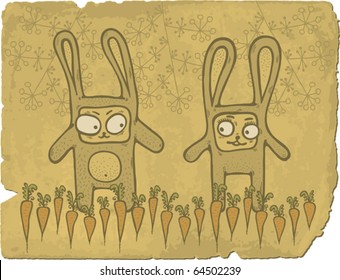 Vector illustration of hand drawn cute bunnies in carrots field.