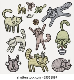 Vector illustration of hand drawn cute cats set