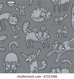Vector illustration of hand drawn cute cats seamless background
