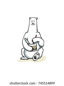 Vector illustration of hand drawn cute polar bear sitting with tin can of soup. Beautiful ink drawing, food design elements