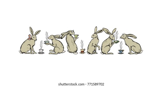 Vector illustration of hand drawn cute hares with tea cups. Ink drawing, graphic style. Beautiful tea time illustration