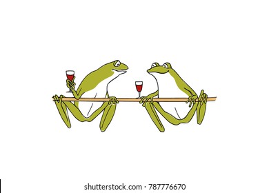 Vector illustration of hand drawn cute frogs chilling out and drinking wine . Beautiful design elements, ink drawing, funny illustration