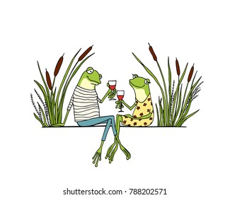 Vector illustration of hand drawn cute frog couple drinking wine on a date. Beautiful design elements, ink drawing, funny romantic illustration. Perfect for Valentine's day celebration.