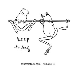 Vector illustration of hand drawn cute frogs, one of them trying to climb the branch, the other has already succeeded. Beautiful design elements, ink drawing, funny motivation illustration.