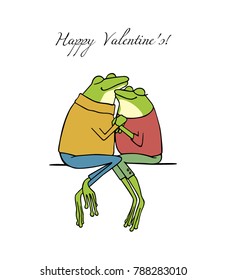 Vector illustration of hand drawn cute frog couple sitting close to each other. Beautiful design elements, ink drawing, funny romantic illustration. Perfect for Valentine's day celebration.