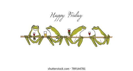 Vector illustration of hand drawn cute frogs chilling out and drinking wine . Beautiful design elements, ink drawing, funny illustration