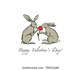 Vector illustration of hand drawn cute hare couple in love. Beautiful design elements, ink drawing, funny romantic illustration. Perfect for Valentine's day celebration.