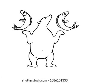 Vector illustration of hand drawn dancing polar bear juggling freshly caught fish. Beautiful ink drawing, animal design elements. 