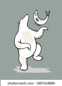Ilustración vectorial del oso polar bailando a mano haciendo malabares con peces recién capturados. Bonito dibujo de tinta, elementos de diseño animal. 