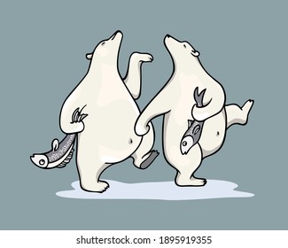 Vector illustration of hand drawn dancing polar bears with freshly caught fish. Beautiful ink drawing, animal design elements. 