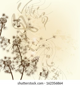 Vector illustration with hand drawn dandelions and music notes