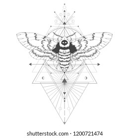 Ilustración vectorial con la polilla muerta dibujada a mano de la cabeza y el símbolo geométrico sagrado en el fondo blanco. Abstractas signo místico. Forma lineal negra. Para su diseño: tatuaje, impresión, carteles, camisetas, textiles