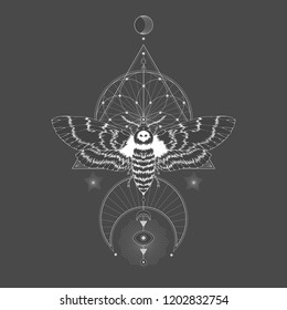 Vector illustration with hand drawn dead head moth and Sacred geometric symbol on black vintage background. Abstract mystic sign. White linear shape. For you design: tattoo, print, posters, t-shirts, 